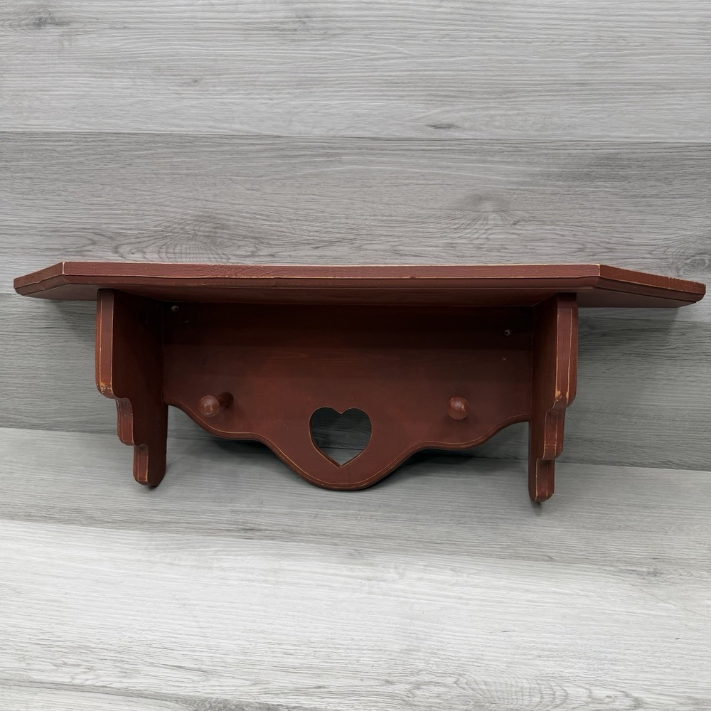 Wood Heart Shelf Wall Hanging Peg Hooks Barn Red Cottagecore Farmhouse